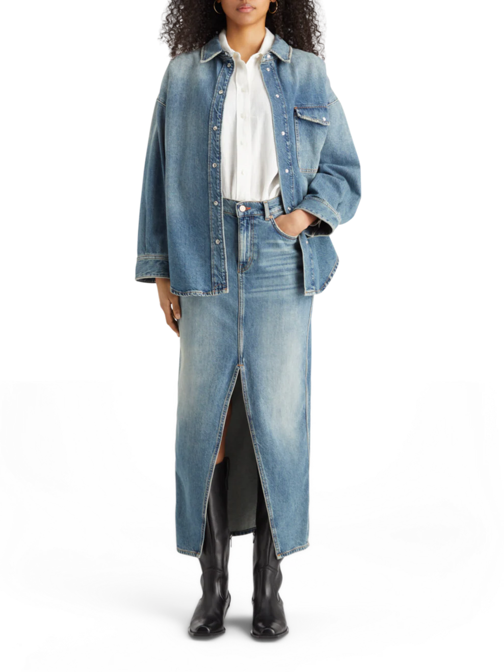 Long vintage washed denim skirt with front split - Image 6