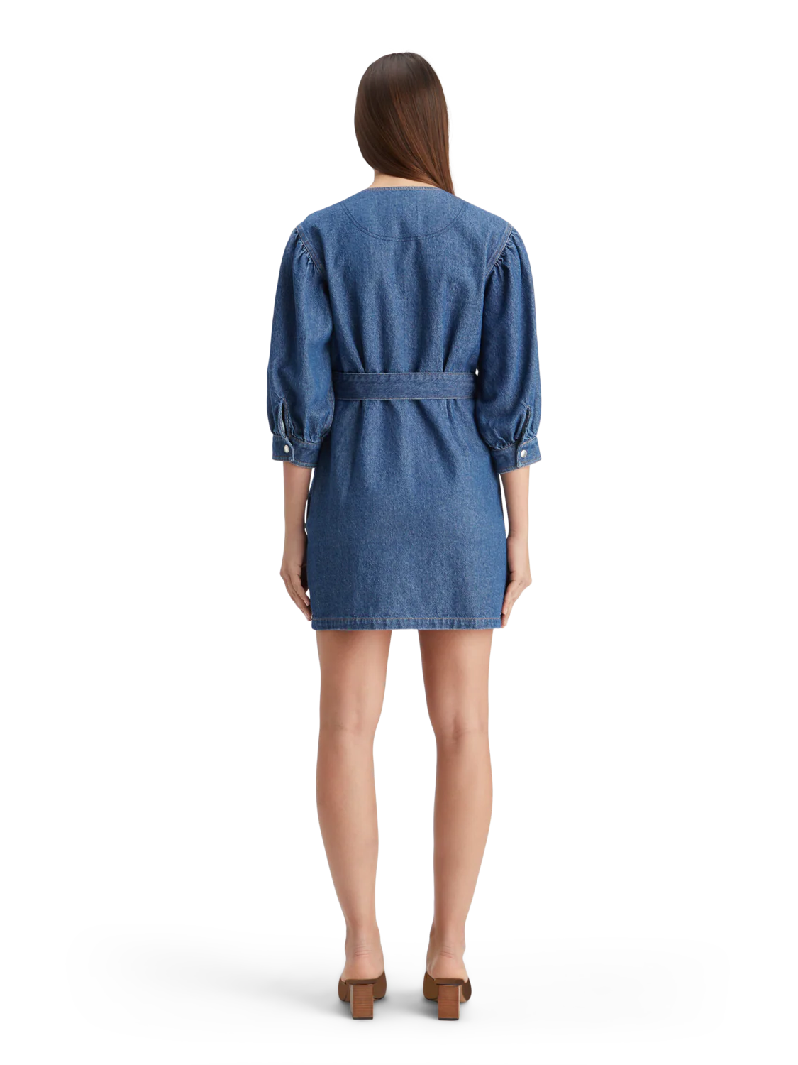 Belted v - neck washed denim dress - Image 2