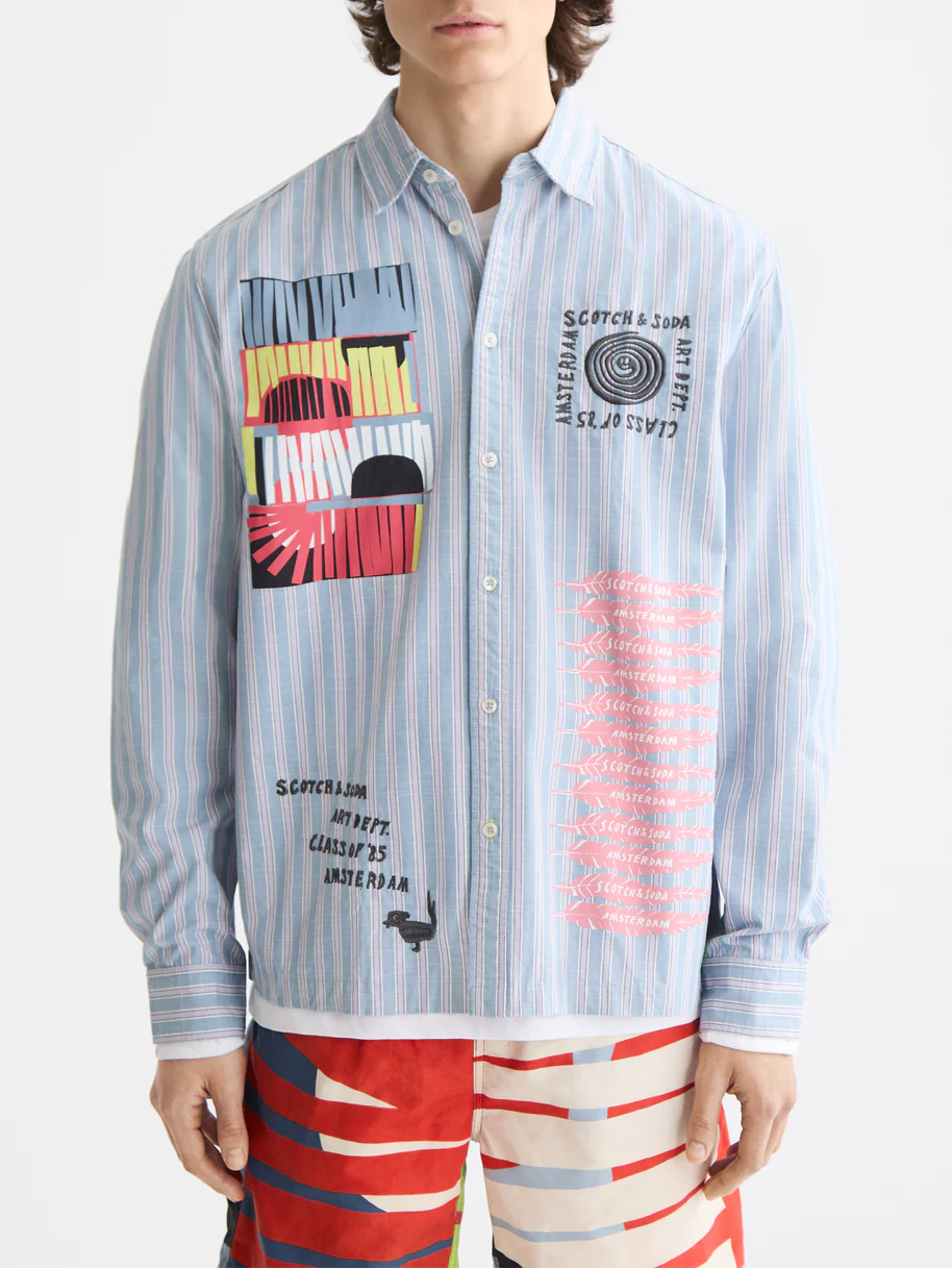 Graphic patchwork striped oxford shirt