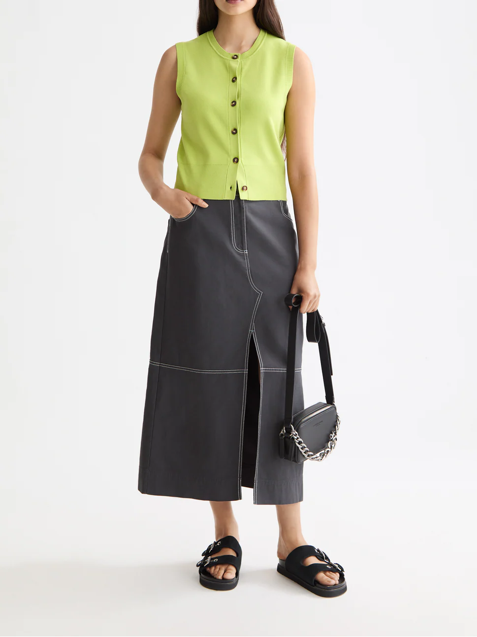 Workwear midi skirt with front slit