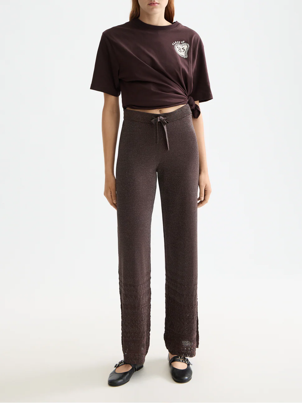Metallic pointelle knitted trouser